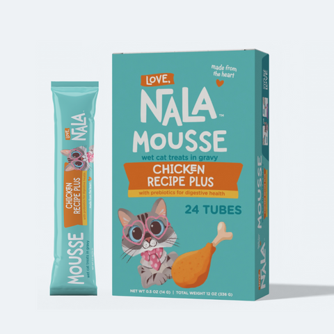Nala Mousse chicken recipe plus wet cat treats packaging on a white background