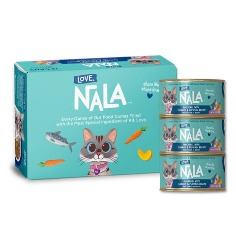 Nala Love cat food packaging showing a turquoise box and three stacked cans of Mackerel with Carrot & Pumpkin Pate