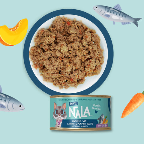A can of Love Nala wet cat food is shown below a white plate filled with the wet food itself, set on a light blue background with illustrated fish, a carrot, and a pumpkin slice around the product.