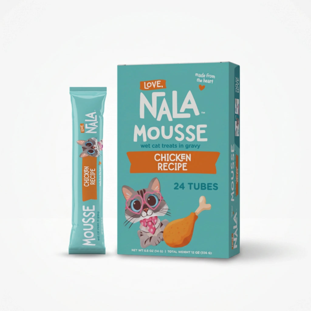 Nala Mousse wet cat treats in gravy, Chicken Recipe, 24 tubes. The image shows the teal and orange product box alongside a single individual tube on a clean white background.