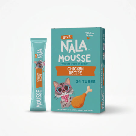 Nala Mousse wet cat treats in gravy, Chicken Recipe, 24 tubes. The image shows the teal and orange product box alongside a single individual tube on a clean white background.