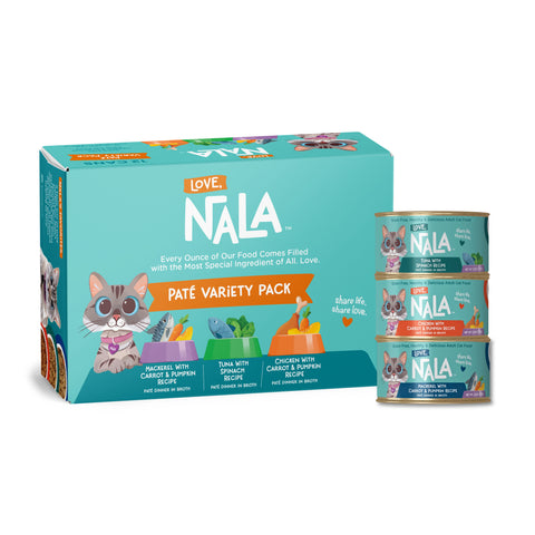 Nala Love cat food packaging showing a teal box alongside three stacked cans of tuna and salmon and mackerel.