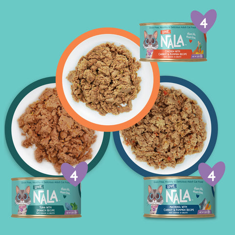 Four cans of Love Nala wet cat food arranged around three bowls of prepared cat food on a turquoise background, with purple heart graphics showing the number 4.