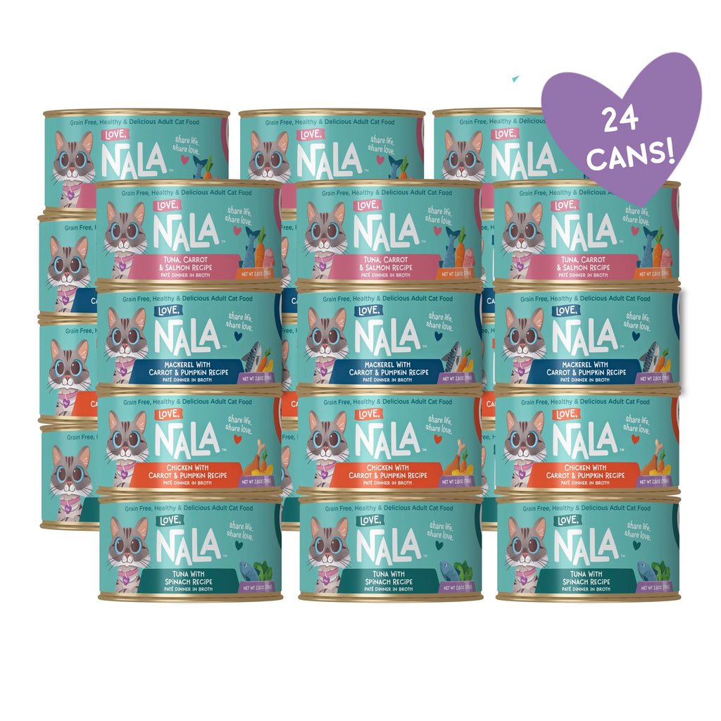 A bulk pack of 24 cans of NALA cat food, stacked in a grid. The cans feature a teal background with illustrations of cats and different colored flavor banners (pink, orange, green).