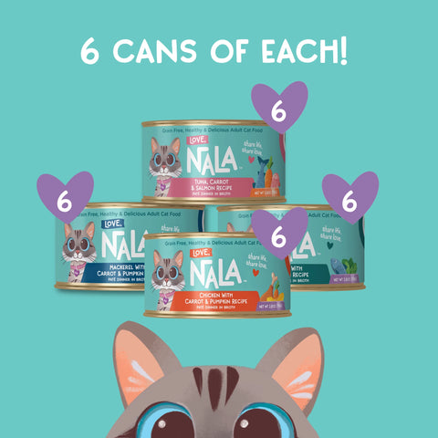 Promotional graphic for NALA cat food showing four cans stacked together with the text '6 CANS OF EACH!' and purple heart icons labeled '6' on a teal background. A stylized cat face appears at the bottom.