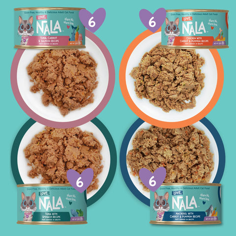 Four cans of NALA Love Adult Cat Food shown with corresponding bowls of wet food, arranged in a 2x2 grid on a teal background. Each can is labeled with a purple heart and the number 6.