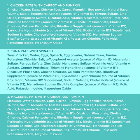 A digital graphic displaying three distinct chicken pate recipes with carrot and pumpkin, tuna with spinach, and mackerel with carrot and pumpkin, listed in Chinese text on a solid teal background.