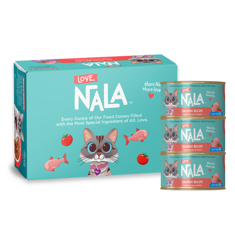 Nala cat food packaging showing a teal box with a cartoon cat and salmon illustrations, alongside three stacked individual salmon recipe cans on a white background.