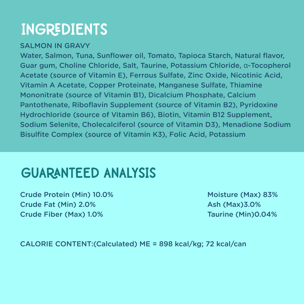 A light blue informational graphic with the heading 'INGREDIENTS' and a list of salmon in gravy seasoning ingredients, plus a section titled 'GUARANTEED ANALYSIS' showing nutritional results.