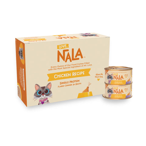 Nala Love brand Chicken Recipe canned cat food next to its cardboard packaging box on a clean white background.