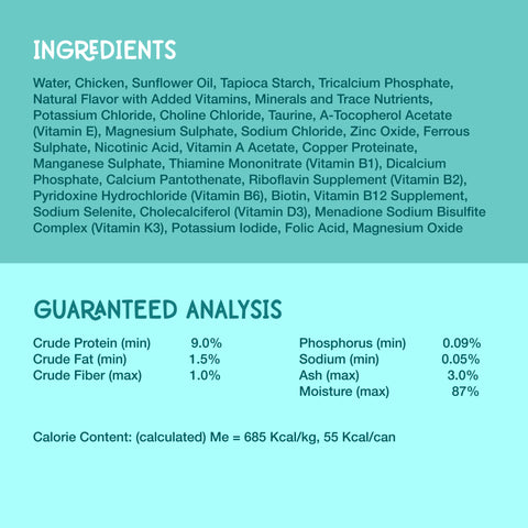 A text-heavy informational panel on a light aqua background with the heading 'INGREDIENTS' and a list of ingredients, plus a section titled 'GUARANTEED ANALYSIS' showing nutritional values per serving.