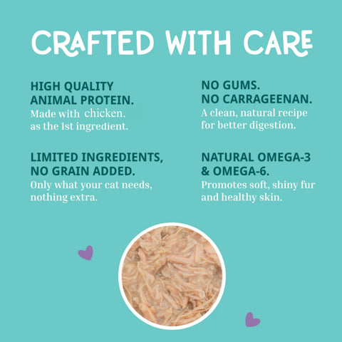 A teal promotional graphic for a cat food product with the headline 'CRAFTED WITH CARE' and several text callouts about high-quality animal protein, no gums or carrageenan, limited ingredients, and natural omega-3 and omega-6 benefits. A circular inset at the bottom shows the wet cat food inside a white oval.