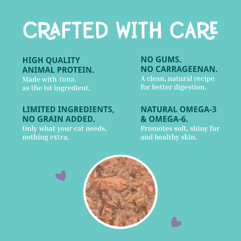 A graphic that reads "Crafted with Care" High quality animal proteins, no gums, no carrageen, limited ingredients. Made with natural ingredients.