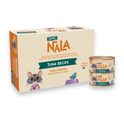Nala Love brand cat food packaging showing a large cream-colored box with orange and teal accents next to two stacked cans of Tuna Recipe single protein canned food, on a clean white background.