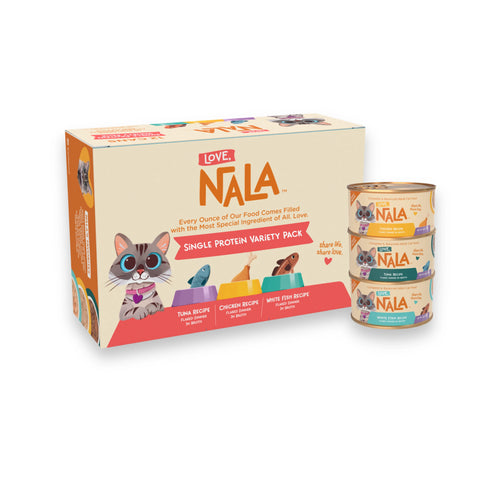 NALA Love single protein variety pack cat food box with three stacked cans beside it on a white background.