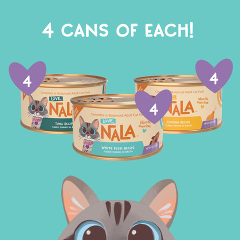 Promotional graphic showing three cans of NALA adult cat food with purple heart overlays labeled '4' and the text '4 CANS OF EACH!'. A gray cat face is partially visible at the bottom against a teal background.