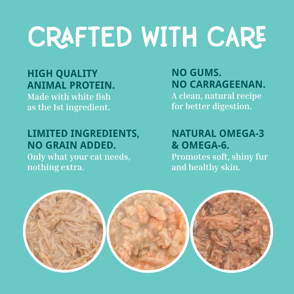 A promotional graphic for wet cat food with the headline 'CRAFTED WITH CARE' on a light aqua background. Text highlights high-quality animal protein, no gums or carrageenan, limited ingredients, and natural Omega-3 and Omega-6 benefits.