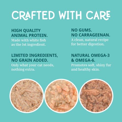 A promotional graphic for wet cat food with the headline 'CRAFTED WITH CARE' on a light aqua background. Text highlights high-quality animal protein, no gums or carrageenan, limited ingredients, and natural Omega-3 and Omega-6 benefits.