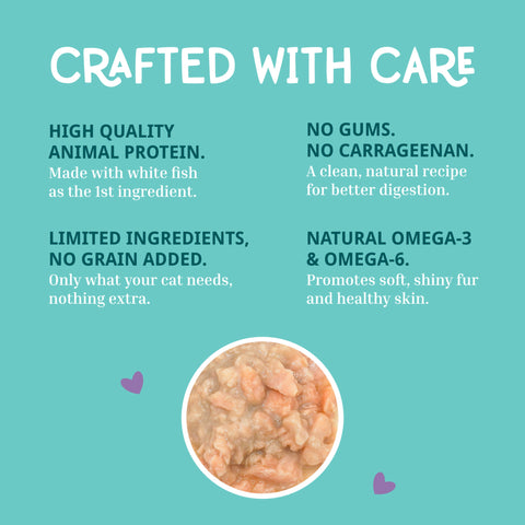 A teal promotional graphic for cat food with the headline 'CRAFTED WITH CARE' and several feature callouts in dark teal text, plus a circular inset showing the wet food texture. No person, animal, or real environment is present, so this is not Lifestyle; it is also not a measurement chart, color swatch, instruction diagram, scenery, or placeholder.