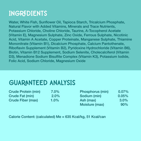 A light aqua information panel with white text detailing the ingredients and guaranteed analysis ( Guaranteed Analysis: Crude Protein 7.0%, Crude Fat 2.