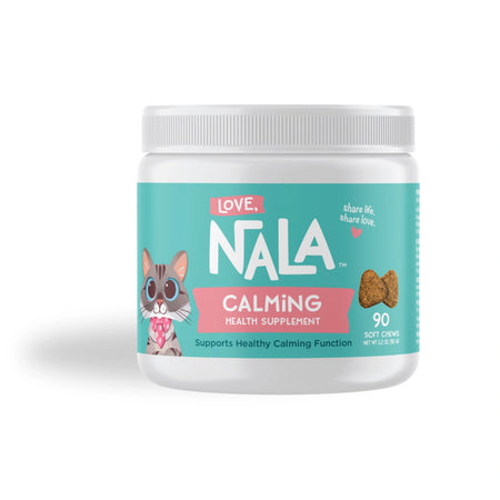A white plastic jar of Nala Calming Health Supplement for cats, featuring a teal and pink label with an illustration of a cat and a piece of cat chew.