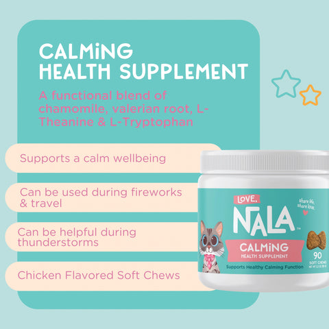 Nala Calming Health Supplement jar shown on a light teal promotional graphic with text callouts describing its ingredients and benefits. The white jar has a teal label with a cat illustration and the brand name NALA.