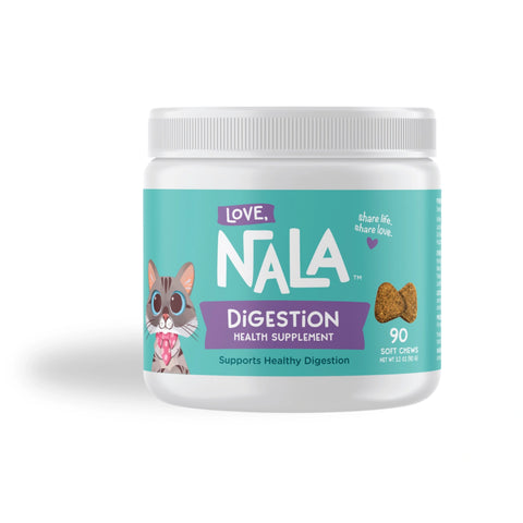 A white plastic jar of Nala Love Digestion Health Supplement with a teal and purple label, featuring a cartoon cat and a small image of soft chews, on a white background.