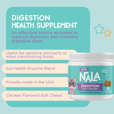 Nala Love Digestion Health Supplement jar for cats, featuring a white tub with a teal and purple label, set against a light teal background with informational text and graphics.