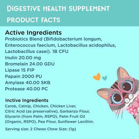 Product facts label for a digestive health supplement, featuring a light blue background, white header, black text listing active and inactive ingredients, and a cartoon cat wearing pink glasses on the right side.