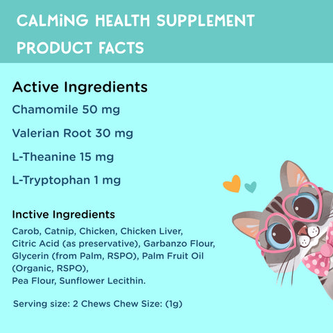 Product facts graphic for a calming health supplement chew, showing active ingredients (Chamomile 50 mg, Valerian Root 30 mg, L-Theanine 15 mg, L-Tryptophan 1 mg) and inactive ingredients on a light blue background with a cartoon cat wearing pink glasses.