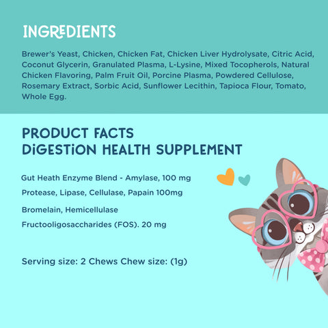 A light blue product information card for a cat digestive health supplement. The left side lists ingredients and product facts in dark blue text, while the right side features a cartoon cat wearing pink glasses and a pink bow holding a chew.