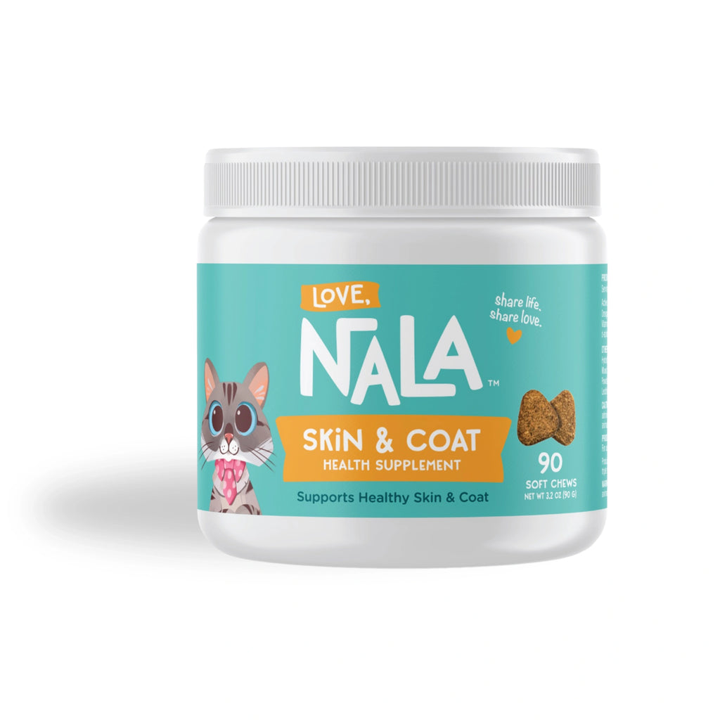 A white plastic jar of Nala Love Skin & Coat Health Supplement for cats, featuring a teal label with a cartoon cat and orange accents, on a white background.
