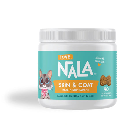 A white plastic jar of Nala Love Skin & Coat Health Supplement for cats, featuring a teal label with a cartoon cat and orange accents, on a white background.