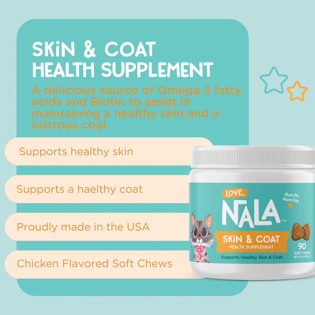Nula Skin & Coat Health Supplement jar with promotional text on a teal and peach graphic background. The white jar features a teal label with the Nula brand name, cat illustrations, and mentions of Omega 3 fatty acids and Biotin.