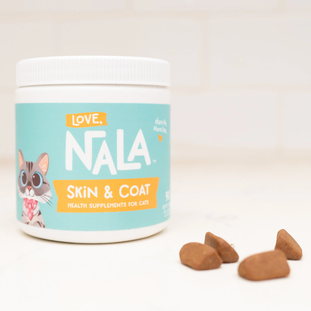 A white jar of Love Nala Skin & Coat health supplements for cats, shown on a light marble countertop with several brown chew pieces in the foreground.