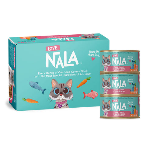 A bax of Nala Love Tuna Carrot & Salmon Pate Food on a plain white background. 