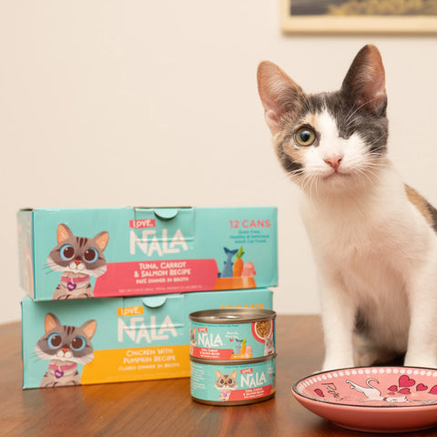A white, gray, and black cat sits on a wooden table next to two stacked boxes and one can of NALA cat food, with a pink patterned bowl in front. The background is a clean beige wall.