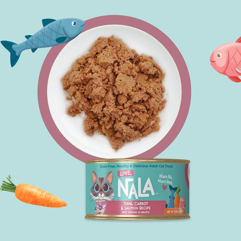 A can of NALA cat food shown below a white plate of wet food, with decorative fish and a carrot illustration on a light blue background. The can label reads Love NALA and Tuna, Carrot & Salmon Recipe.