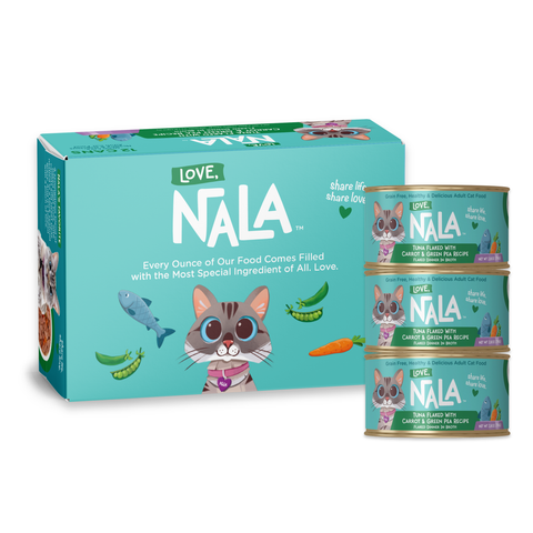 A box of Love Nala cat food next to a stack of three individual cans, all on a clean white background. The packaging features a bright teal color with illustrations of a cat, fish, peas, and a carrot.