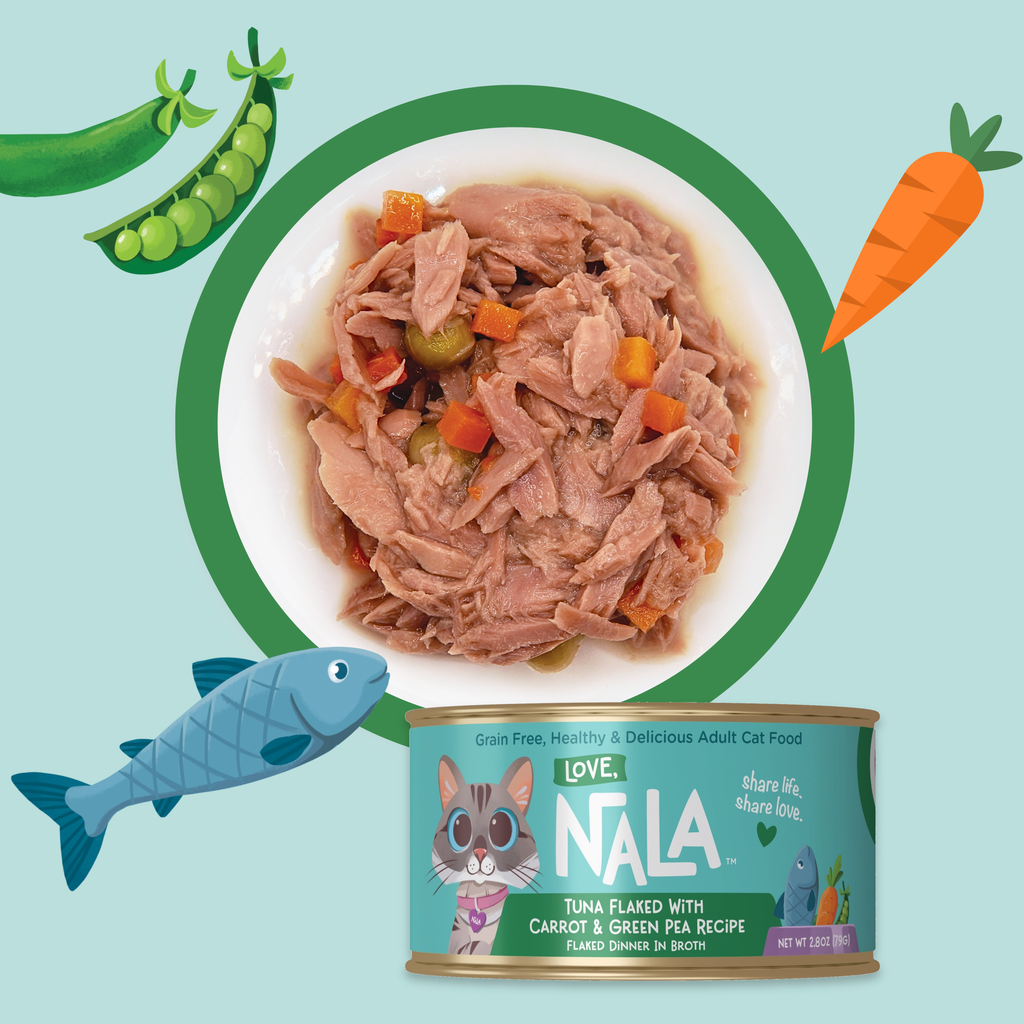 A can of Nala Love brand tuna-flavored wet cat food is shown below a bowl of prepared tuna with vegetables, surrounded by cartoon-style illustrations of peas, a carrot, and a fish on a light blue background.