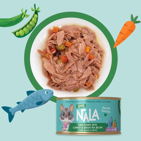 A can of Nala Love brand tuna-flavored wet cat food is shown below a bowl of prepared tuna with vegetables, surrounded by cartoon-style illustrations of peas, a carrot, and a fish on a light blue background.