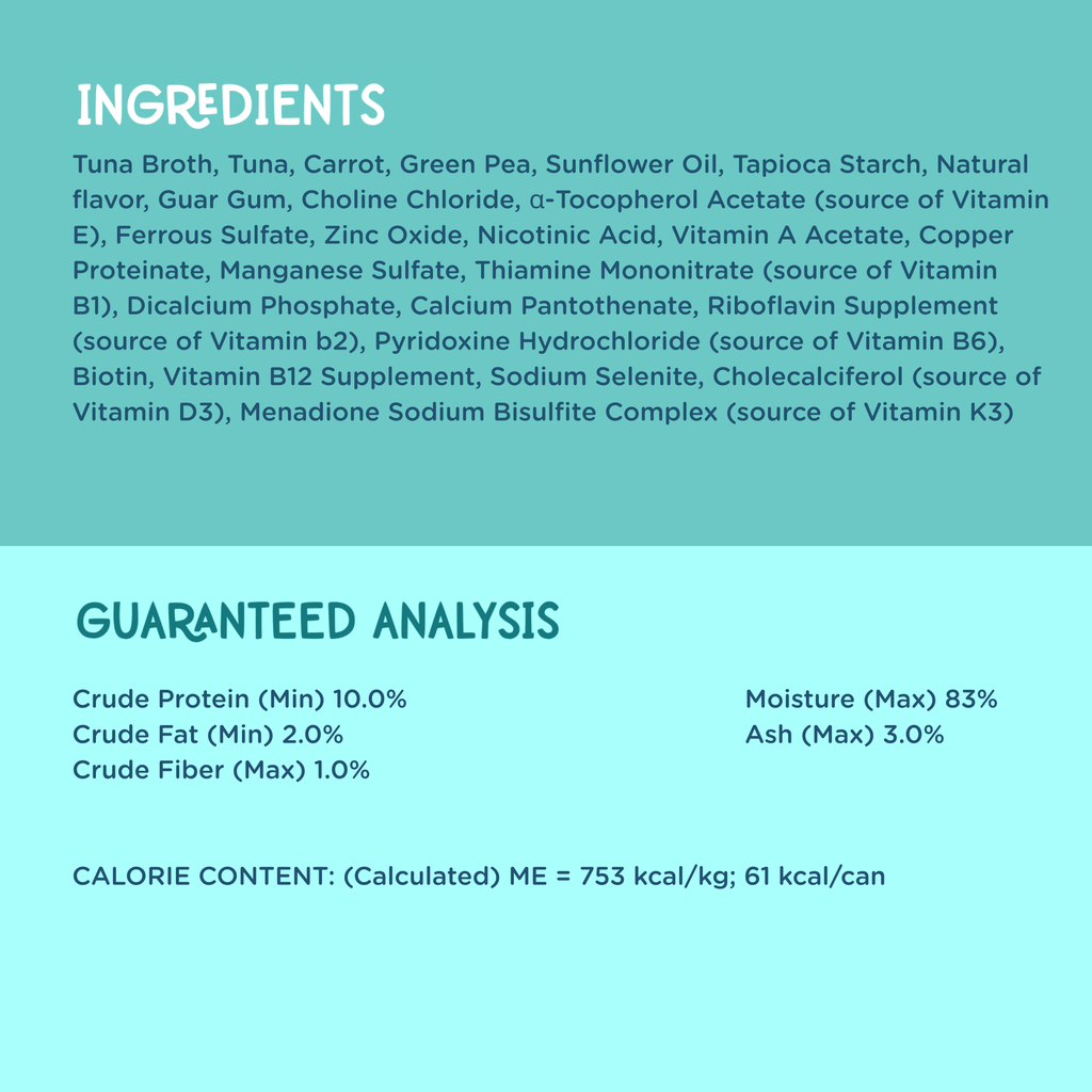 A light blue informational graphic with the heading 'INGREDIENTS' and a list of salmon in gravy seasoning ingredients, plus a section titled 'GUARANTEED ANALYSIS' showing nutritional results.