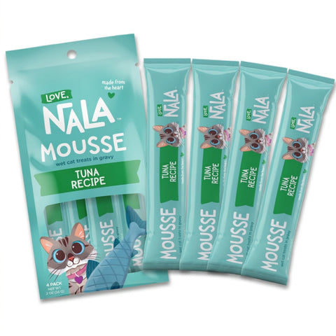 Nala Mousse wet cat treats in gravy chicken recipe, showing a teal bag containing four individually wrapped stick packs, on a plain white background.
