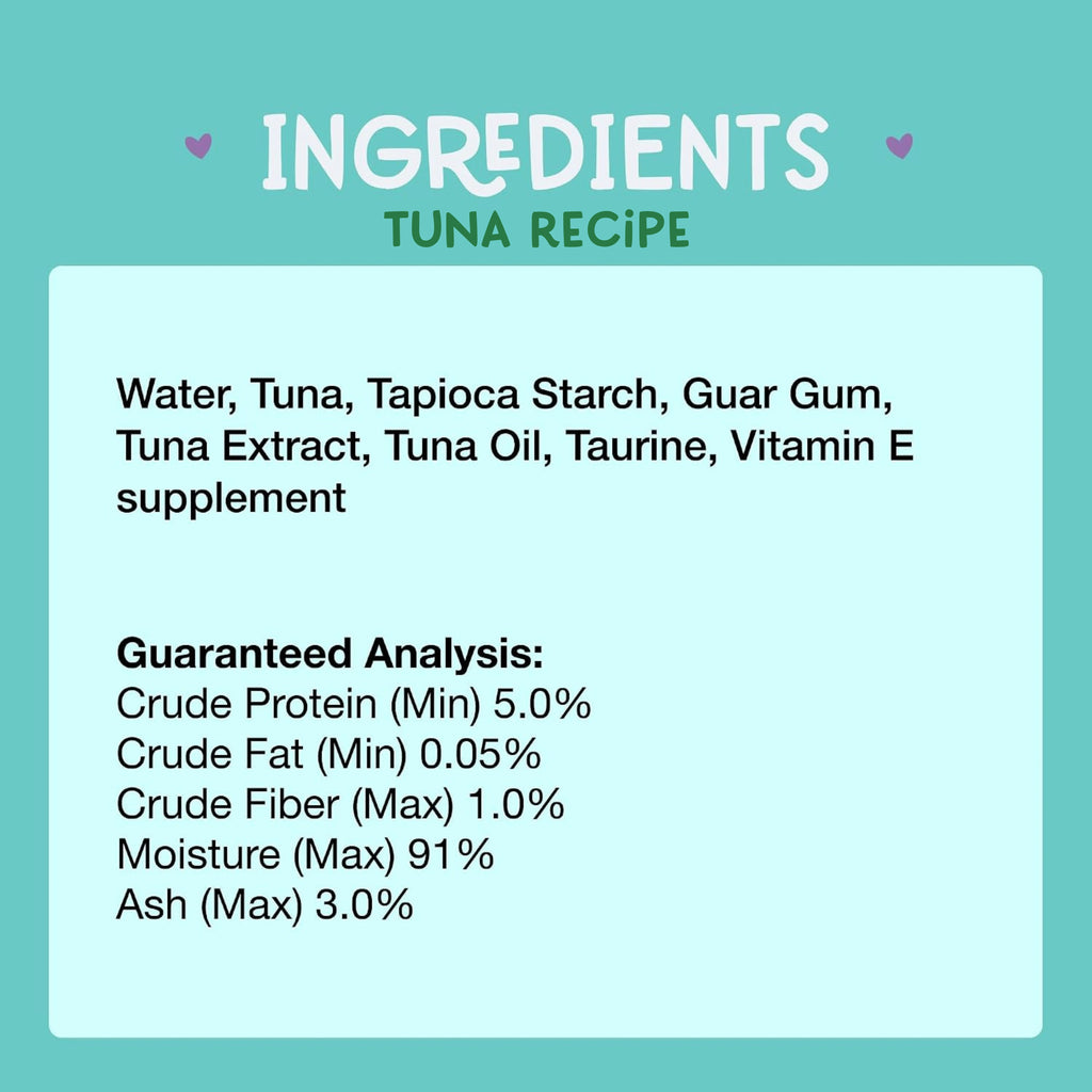 A teal and light blue ingredients panel for a tuna recipe supplement, listing ingredients such as water, tuna, tapioca starch, guar gum, tuna extract, tuna oil, and taurine, with guaranteed analysis percentages below.