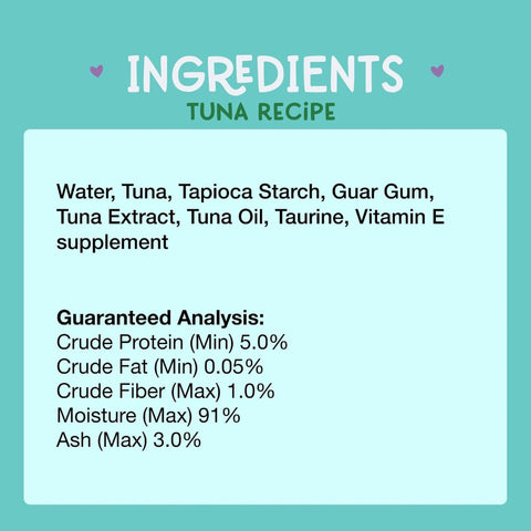 A teal and light blue ingredients panel for a tuna recipe supplement, listing ingredients such as water, tuna, tapioca starch, guar gum, tuna extract, tuna oil, and taurine, with guaranteed analysis percentages below.