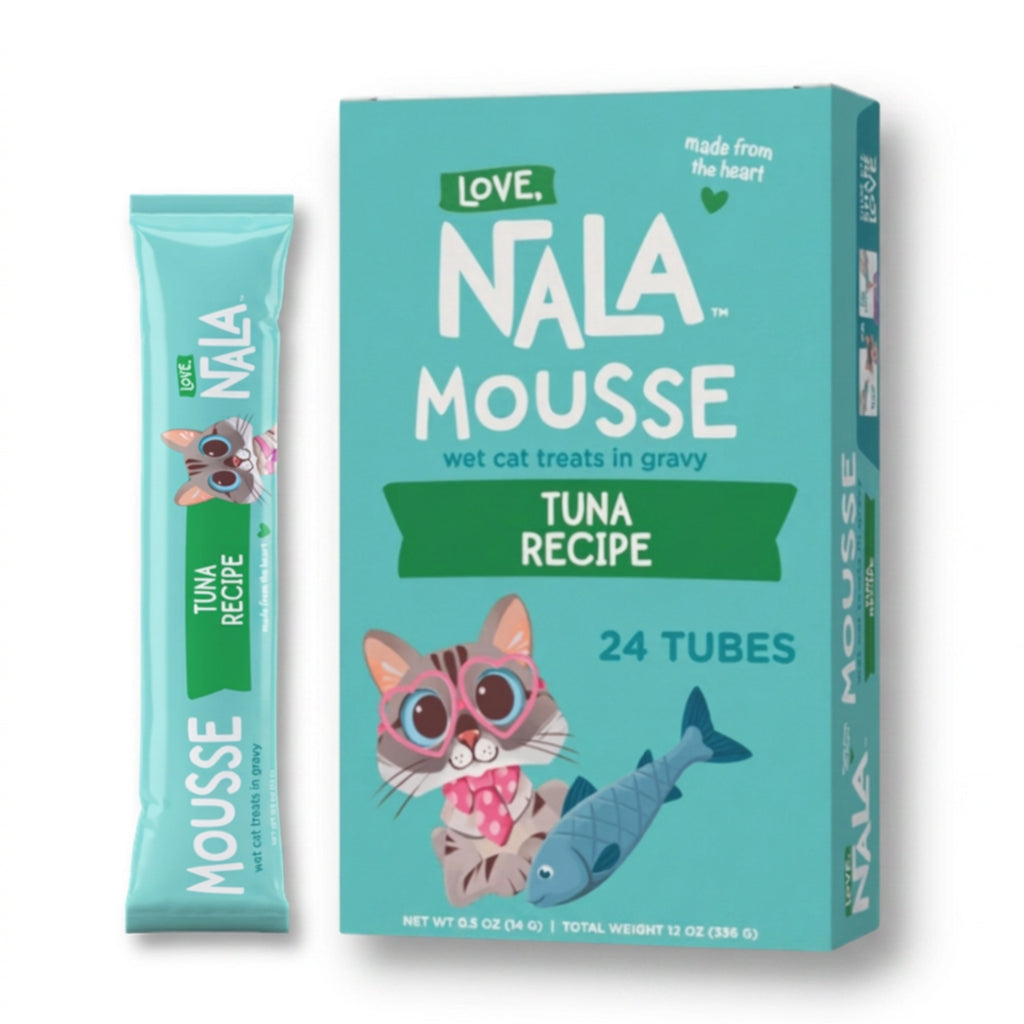 Nala Mousse wet cat treats in gravy, Tuna Recipe, shown as a teal box with 24 tubes and one individual tube standing beside it on a white background.