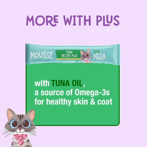 A promotional graphic for Nala Mousse cat treats, featuring a package labeled 'Tuna Recipe Plus' with text highlighting tuna oil and Omega-3s for healthy skin and coat, on a light purple background.