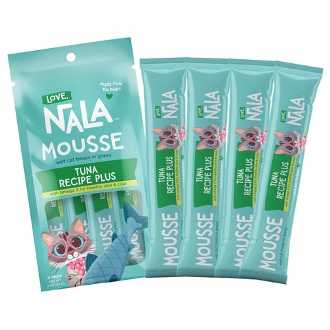 Nala Mousse wet cat treats in gravy, Tuna Recipe Plus flavor, shown as a teal 4-pack pouch alongside four individual stick packs on a white background.