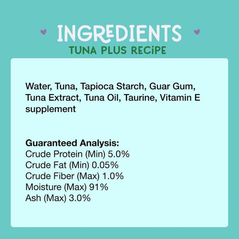 A teal promotional graphic highlighting the ingredients and guaranteed analysis.