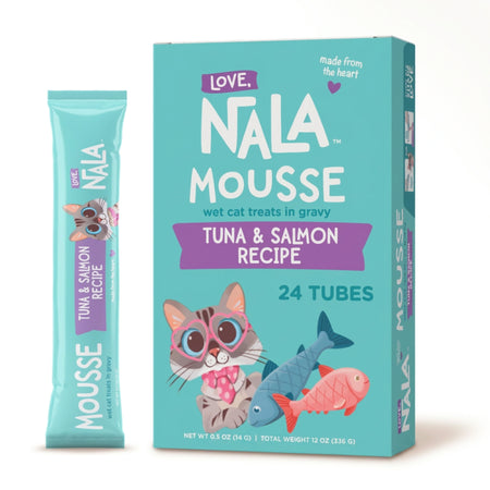 Nala Mousse wet cat treats in a teal pouch next to four individual stick packs of Tuna & Salmon Recipe Plus, on a white background.